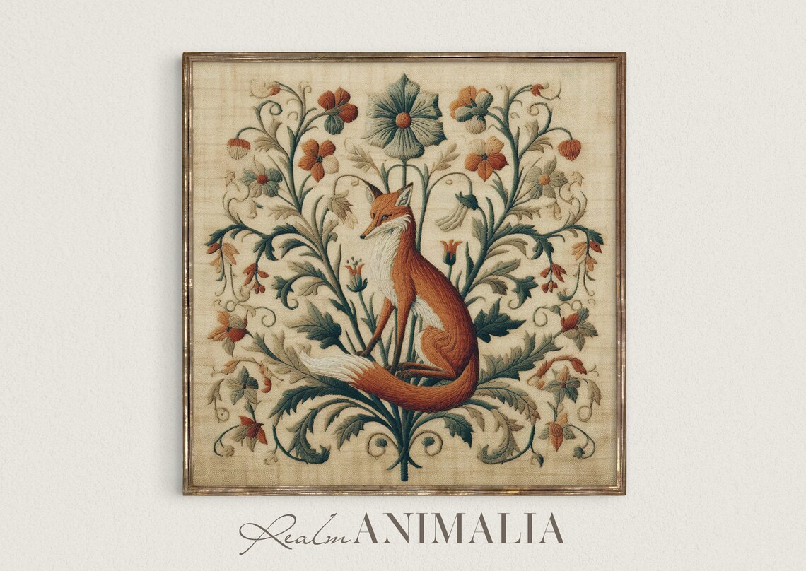 Botanical Fox Vintage Embroidery Art Print