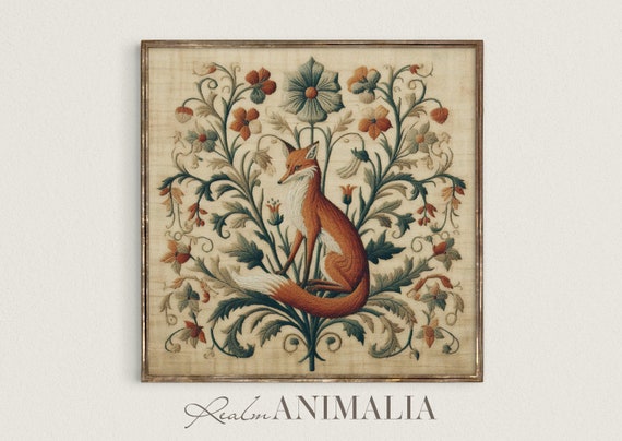 Botanical Fox Vintage Embroidery Art Print