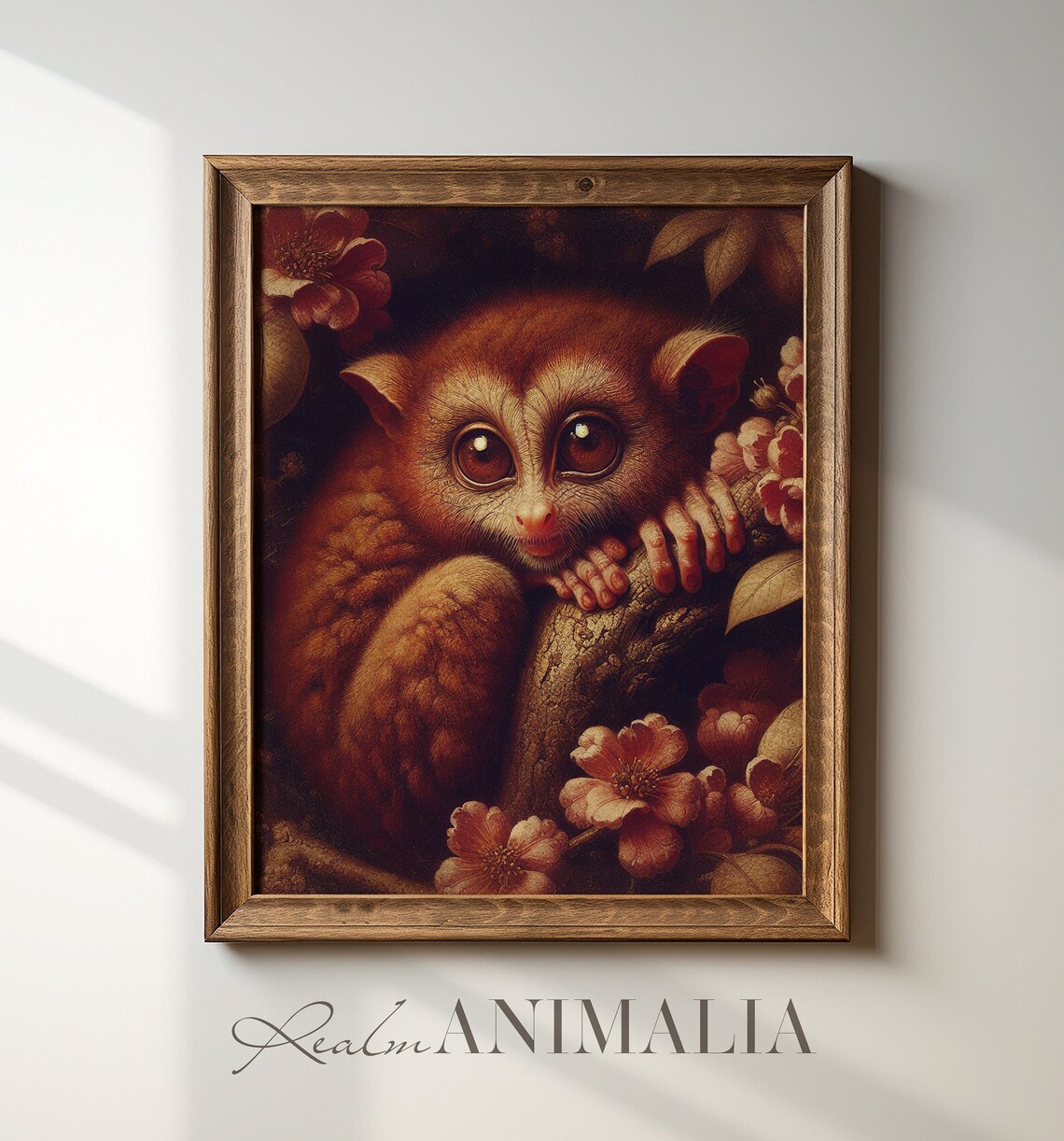 Tarsier Monkey With Big Eyes Clinging To Branch Floral Vintage Art Print - Image 3