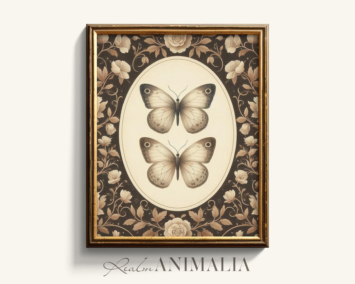 Two Butterflies In Oval Medallion Brown Floral Tapestry Vintage Poster - Image 4