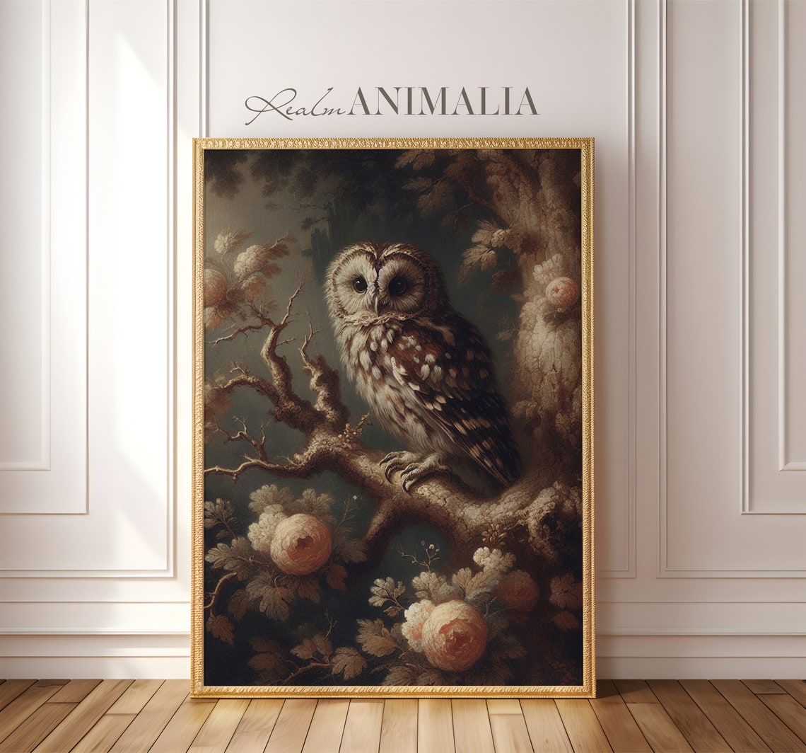 Vintage Owl Perched On Branch With Pink Blossoms Dark Moody Art Poster - Image 3