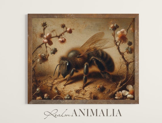 Dark Honey Bee Art Print Vintage Insect Painting Neutral Nature Wall Art Moody Cottagecore Decor Botanical Art Be003