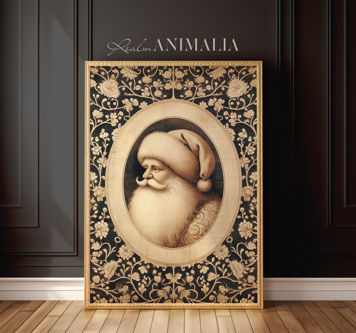 Vintage Santa Claus Portrait On Black Floral Tapestry Holiday Poster - Image 3