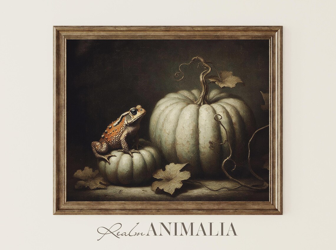 Toad on Pumpkin Art Print, Vintage Halloween Still Life