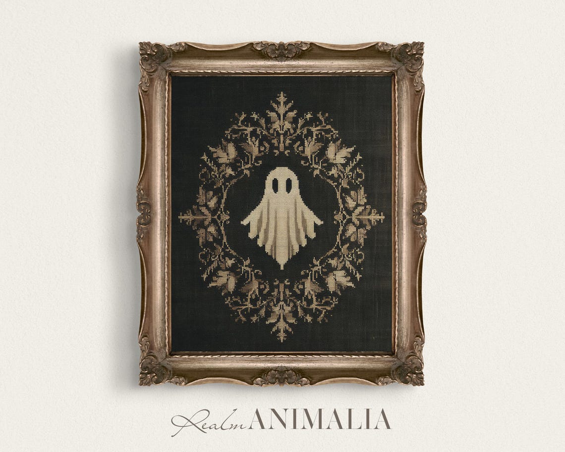 Ghost In Leafy Wreath Medallion Dark Botanical Tapestry Art Print