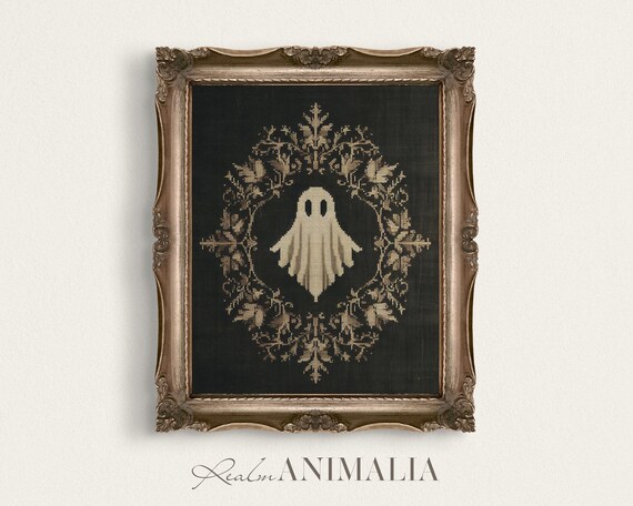 Ghost Tapestry Art Print Moody Vintage Victorian Halloween Ghost Embroidery Textile Fabric Wall Art Gothic Dark Academia Gh102