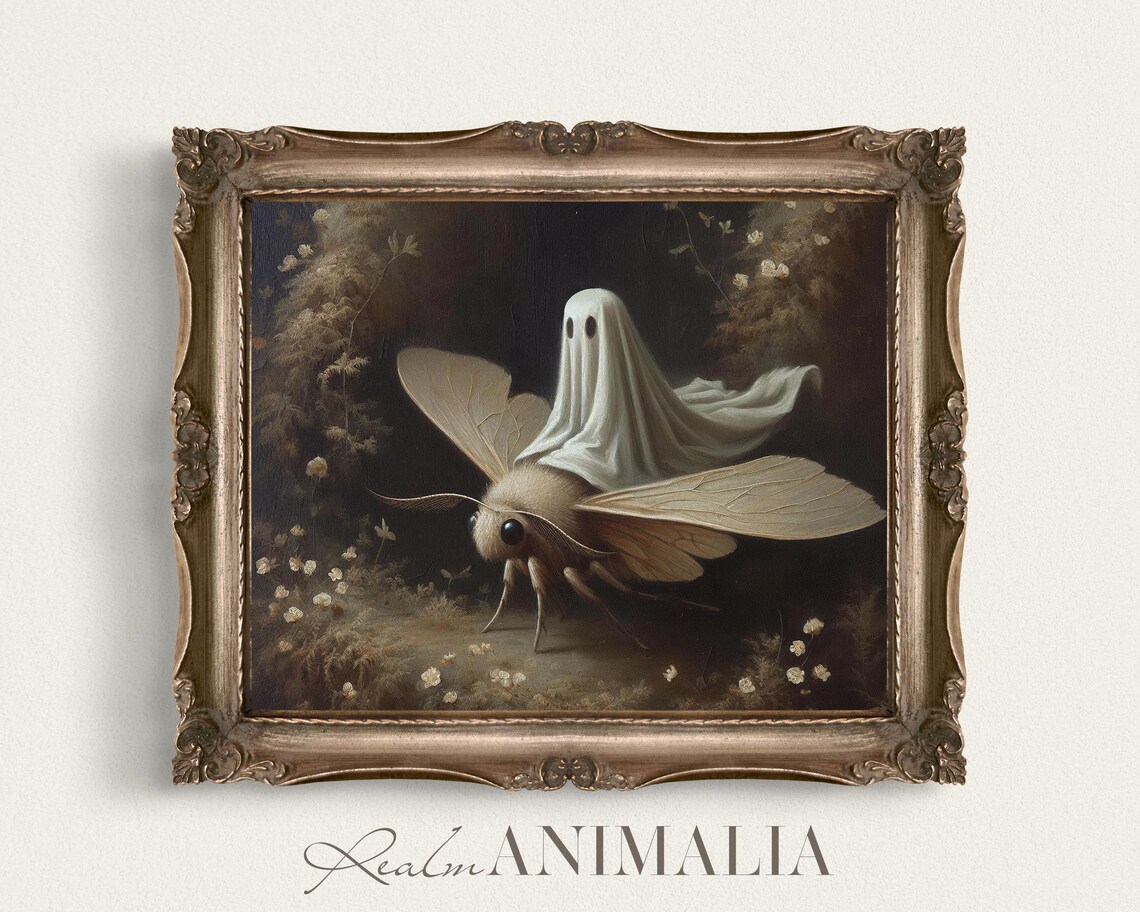 Little Ghost Riding Moth Dark Wildflower Meadow Moody Halloween Art Poster
