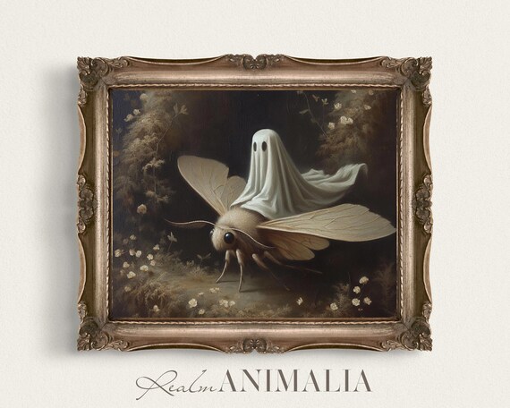 Little Ghost Riding Moth Dark Wildflower Meadow Moody Halloween Art Poster