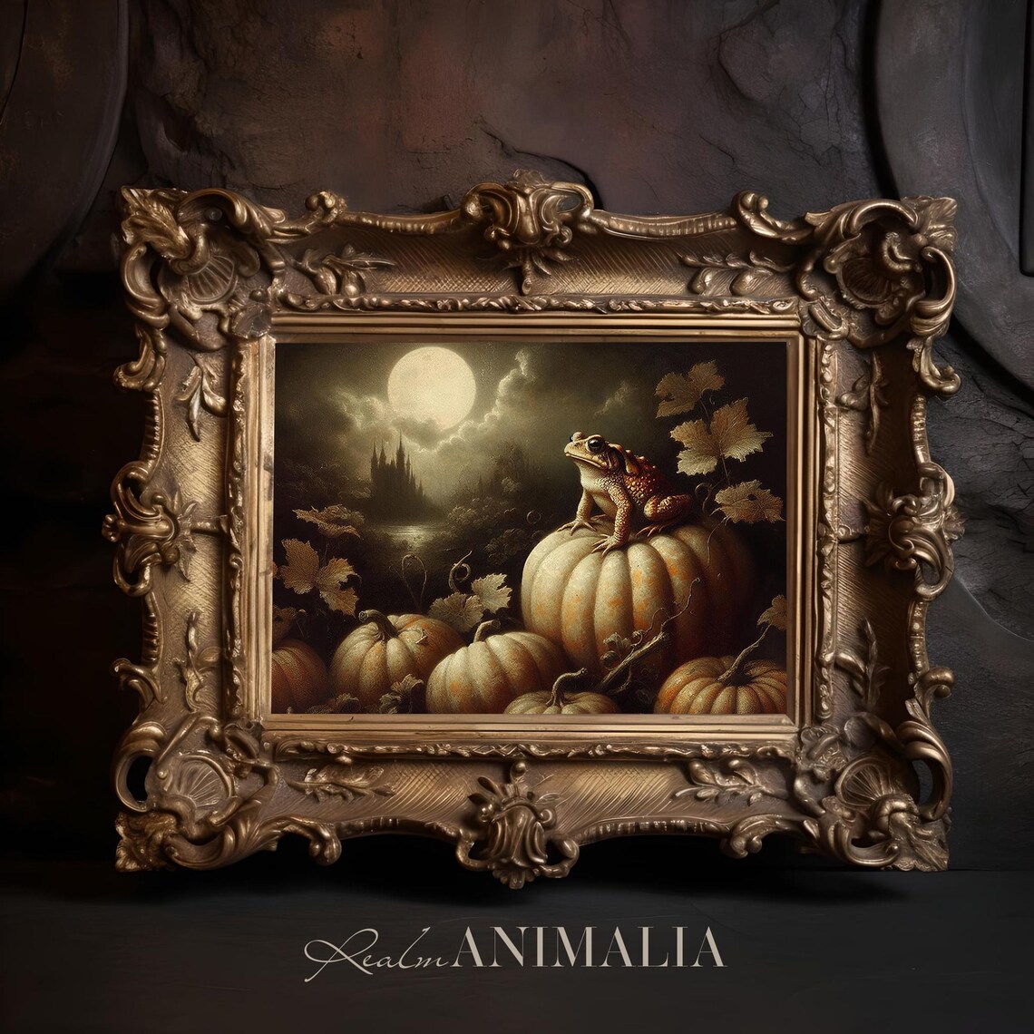 Moonlit Toad On Pumpkins Night Castle Vintage Halloween Landscape Art Poster - Image 3