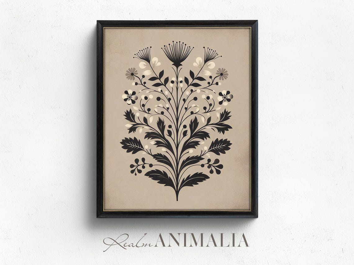 Scandinavian Folk Botanical Spray Black And White Floral Wall Art - Image 4
