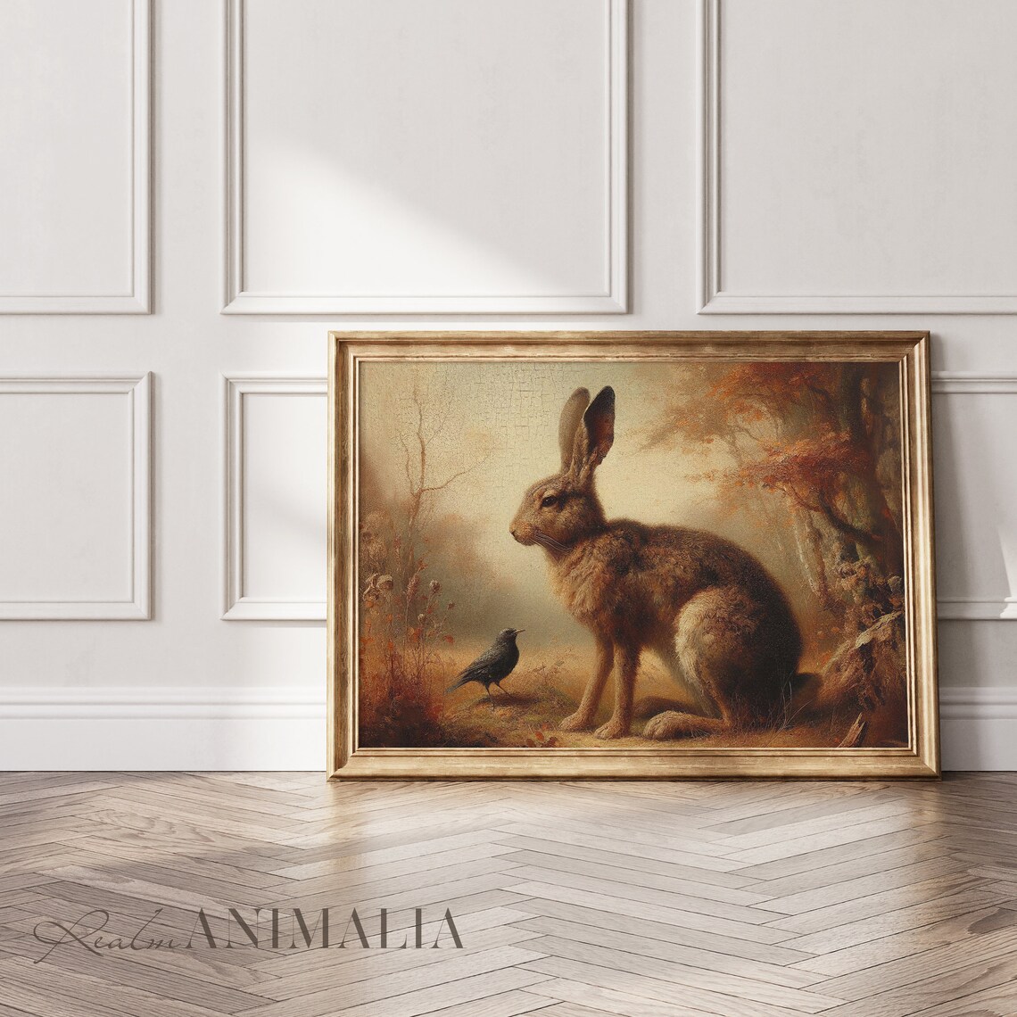 Autumn Rabbit and Blackbird Vintage Oil Painting Moody Fall Wildlife Poster - Image 2