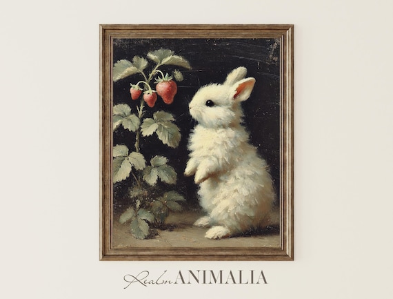 White Bunny Gazing At Strawberry Plant Dark Moody Oil Painting Poster