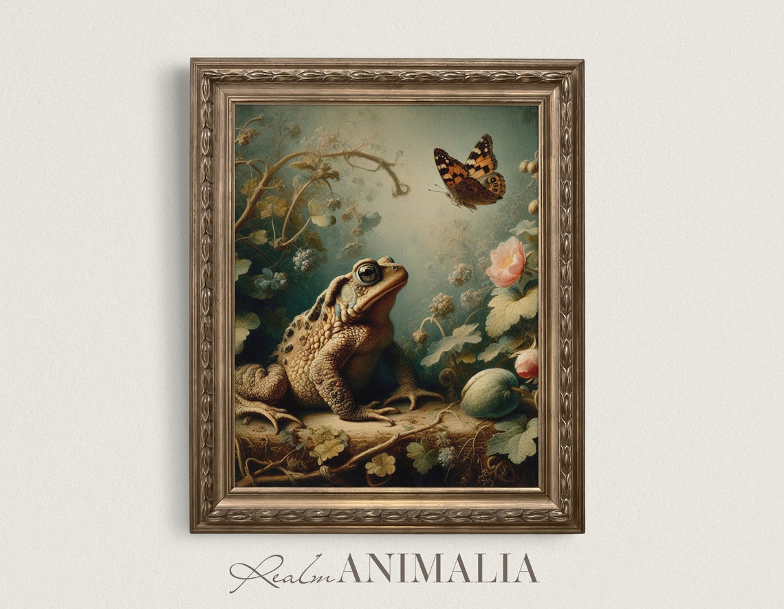 Toad Watching Butterfly On Log Misty Garden Moody Vintage Art Print