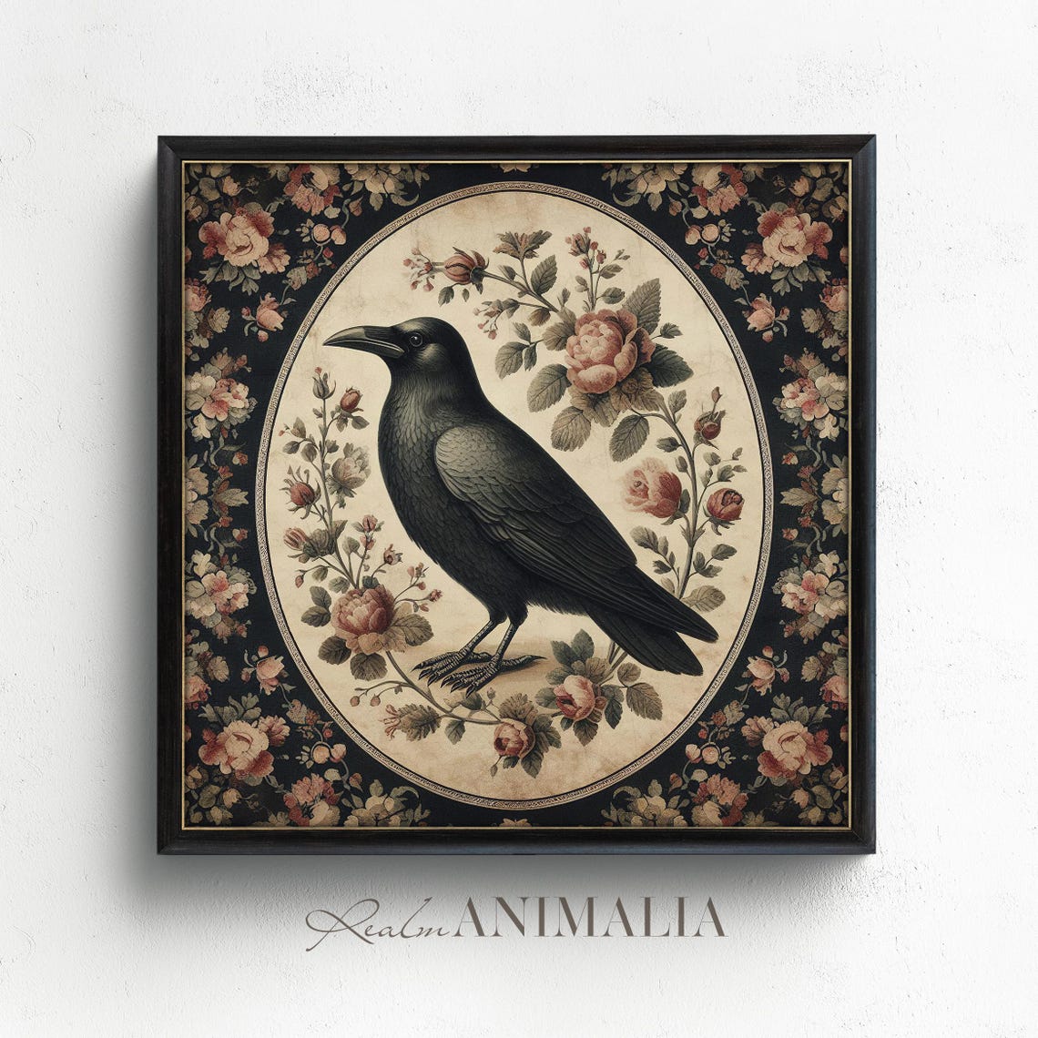Black Crow In Floral Oval Medallion Dark Vintage Botanical Bird Poster - Image 2