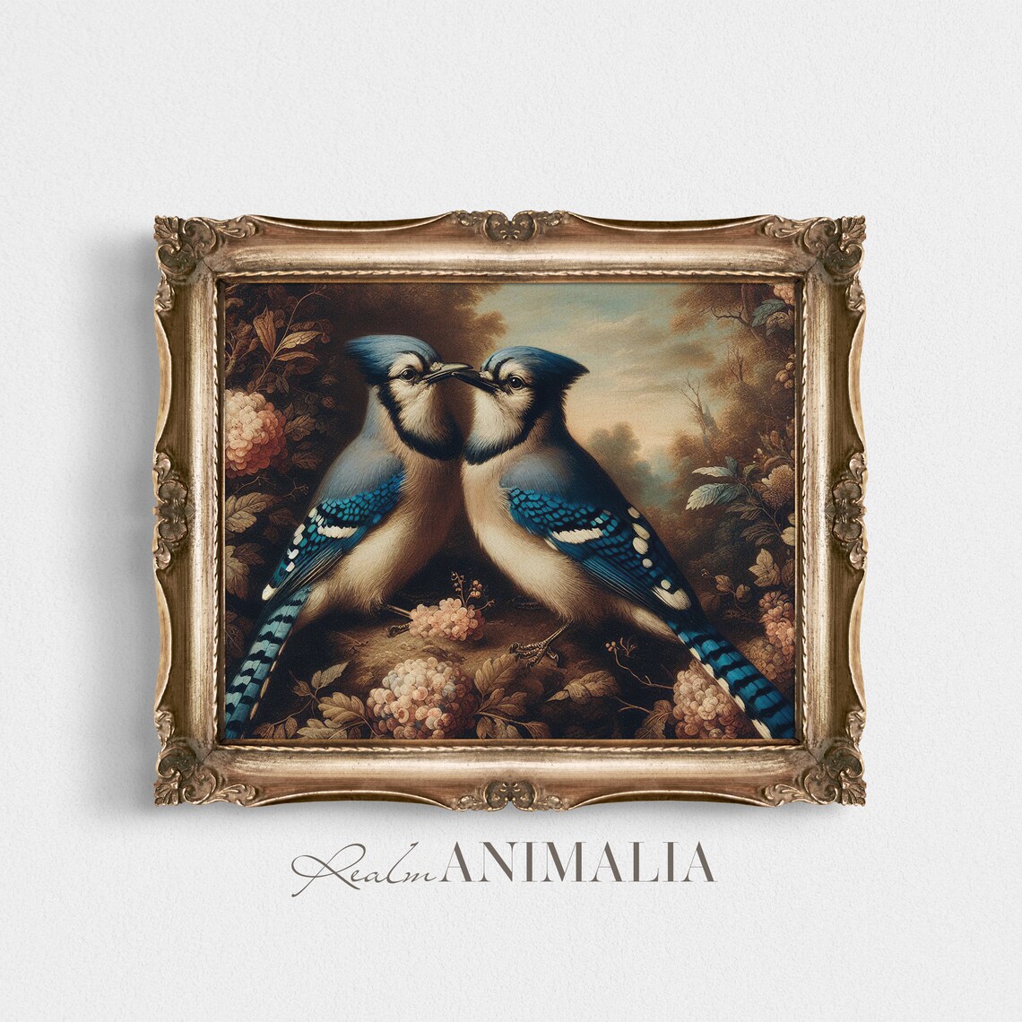Vintage Pair Of Blue Jays Facing Each Other Among Blossoms Bird Poster - Image 3