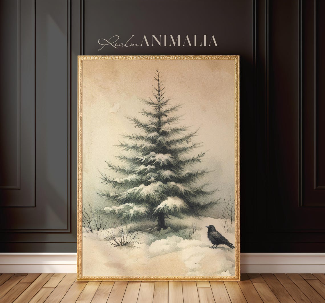 Snowy Pine Tree Watercolor With Black Crow Winter Landscape Poster - Image 2