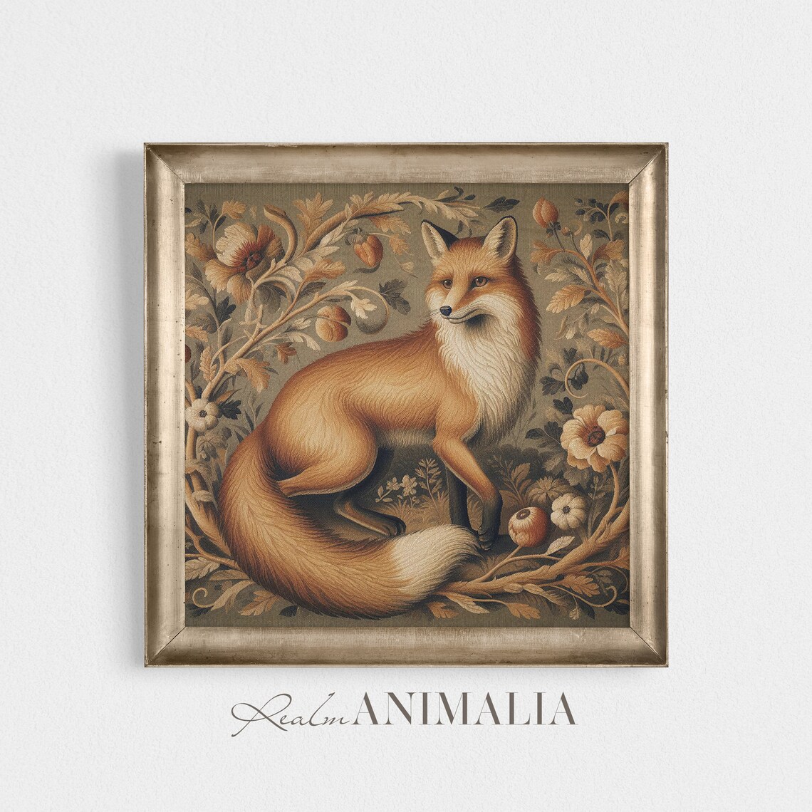 Red Fox Standing In Botanical Tapestry Vintage Floral Poster - Image 4