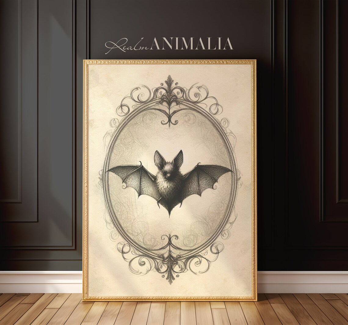 Bat Sketch Vintage Victorian Drawing Ornate Oval Frame Sepia Halloween Print - Image 3
