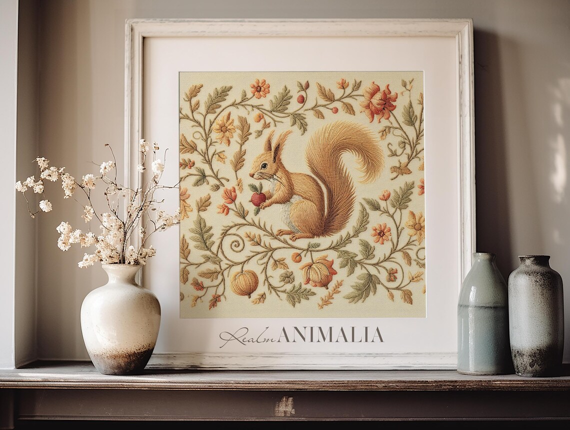 Autumn Squirrel Embroidered Textile Art Berry Floral Square Vintage Poster - Image 3