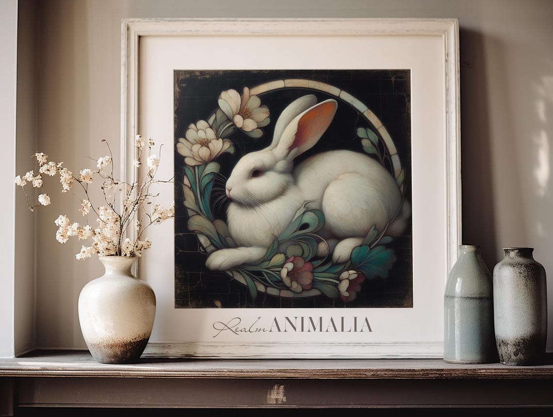 White Rabbit Curled With Flowers Art Nouveau Medallion Poster - Image 3