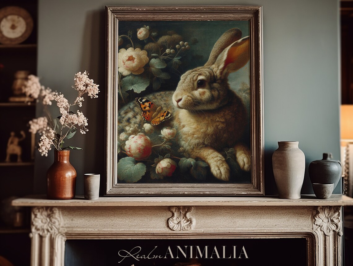 Brown Rabbit With Butterfly Among White And Peach Roses Vintage Art Print - Image 3