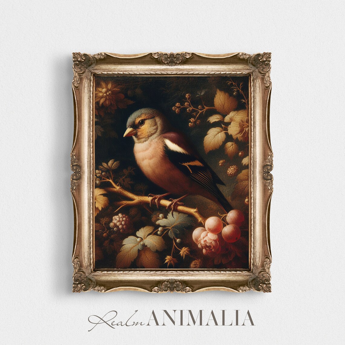 Finch On Berry Branch With Autumn Leaves Moody Vintage Bird Art Print - Image 3