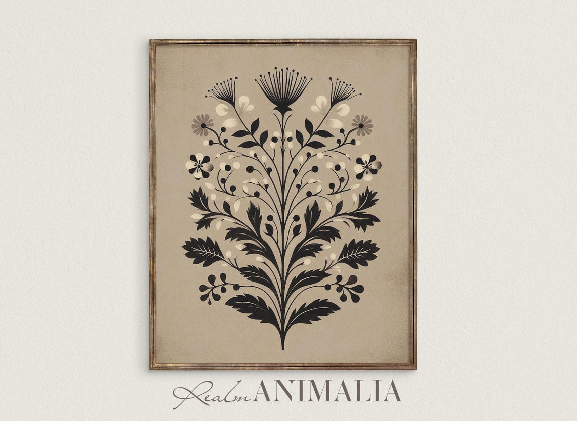 Scandinavian Folk Botanical Spray Black And White Floral Wall Art - Image 2