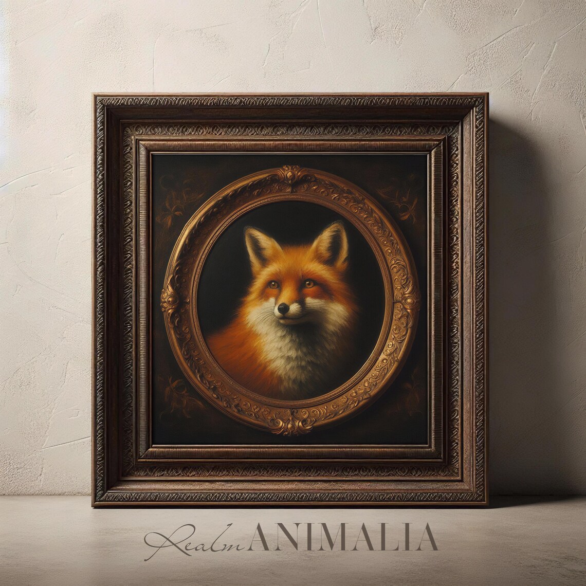 Red Fox Portrait In Ornate Gold Oval Frame Dark Moody Wall Art - Image 3