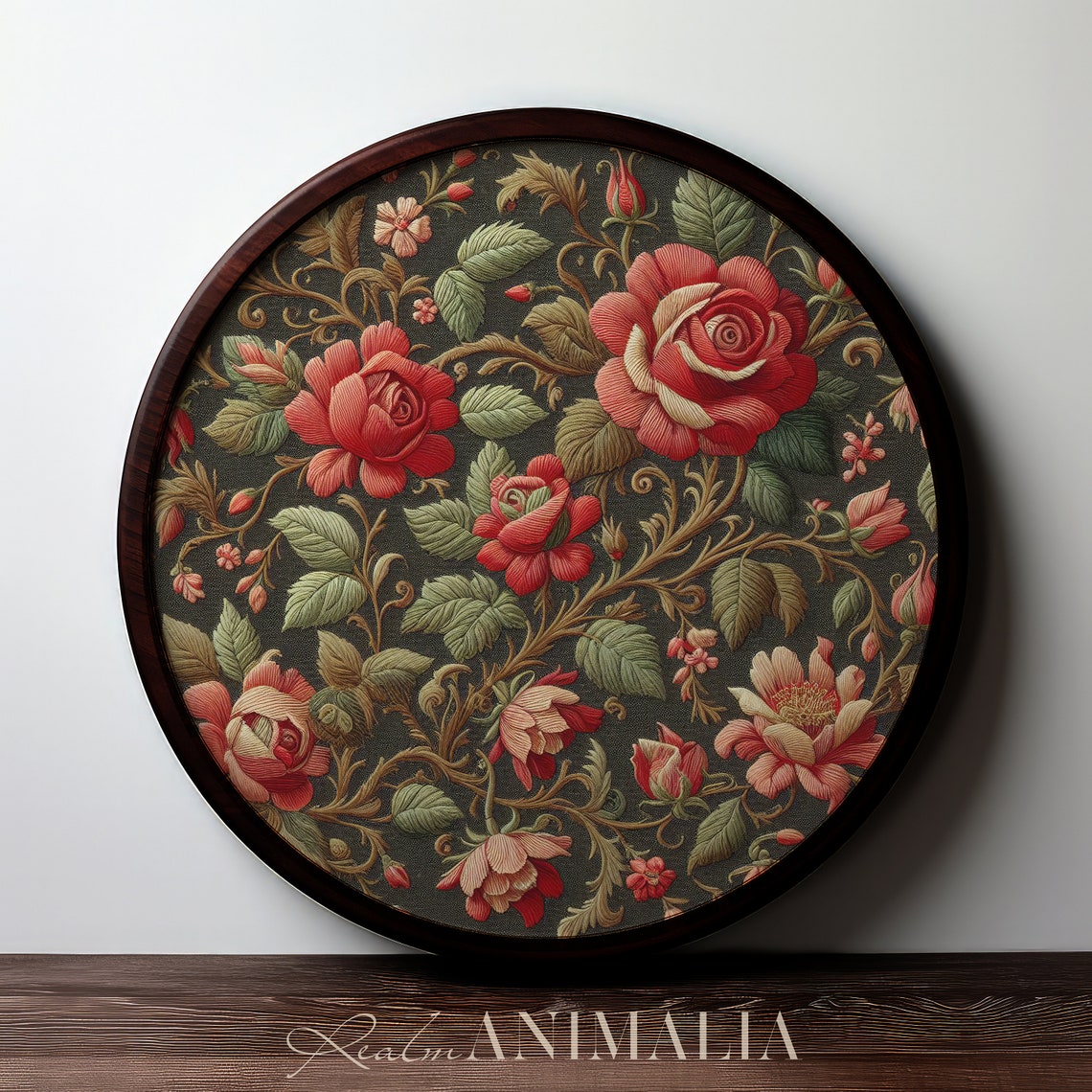 Victorian Red Roses Floral Embroidery Botanical Dark Textile Art Print - Image 3