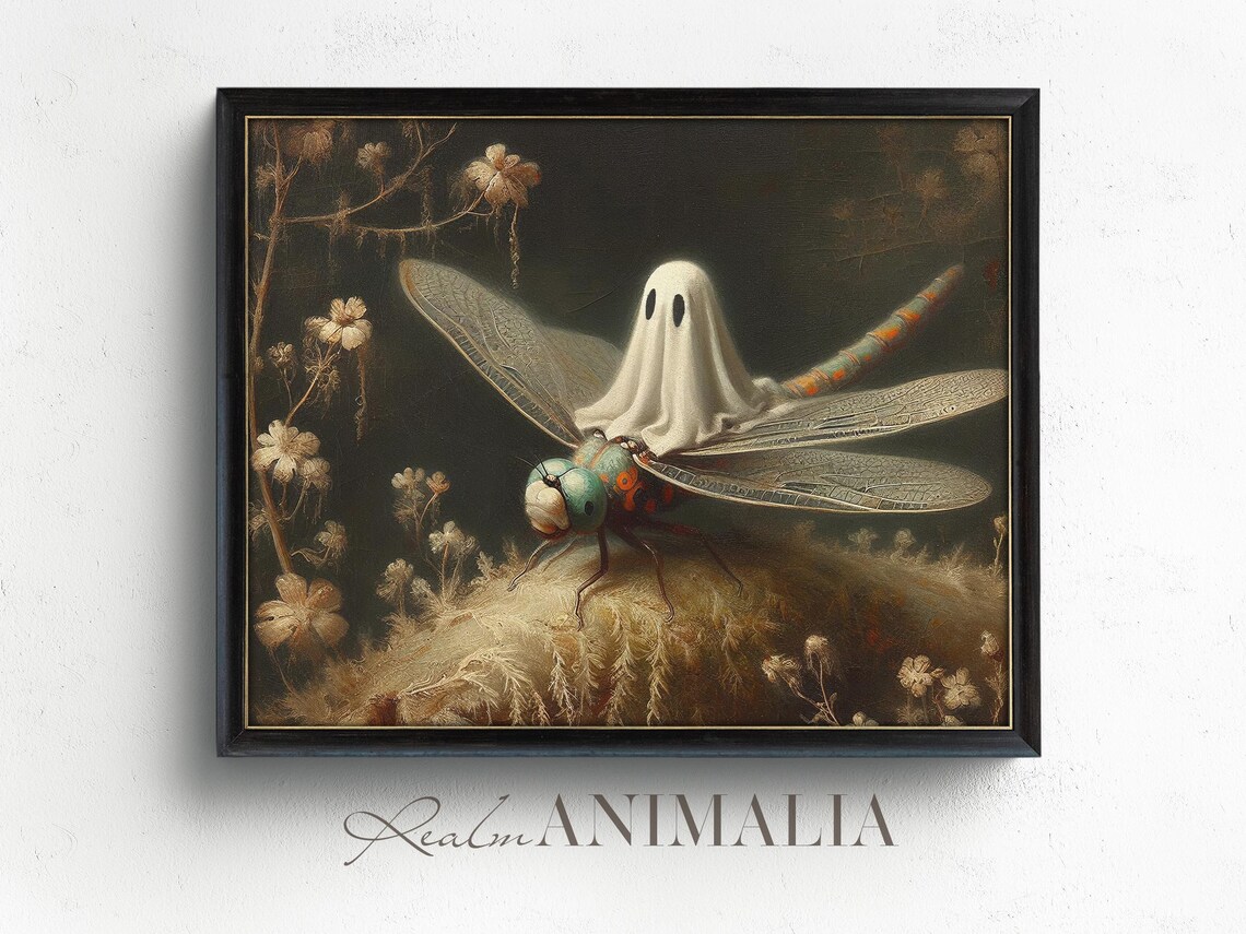 Little Ghost Riding Dragonfly Dark Botanical Moody Halloween Wall Art Poster - Image 2