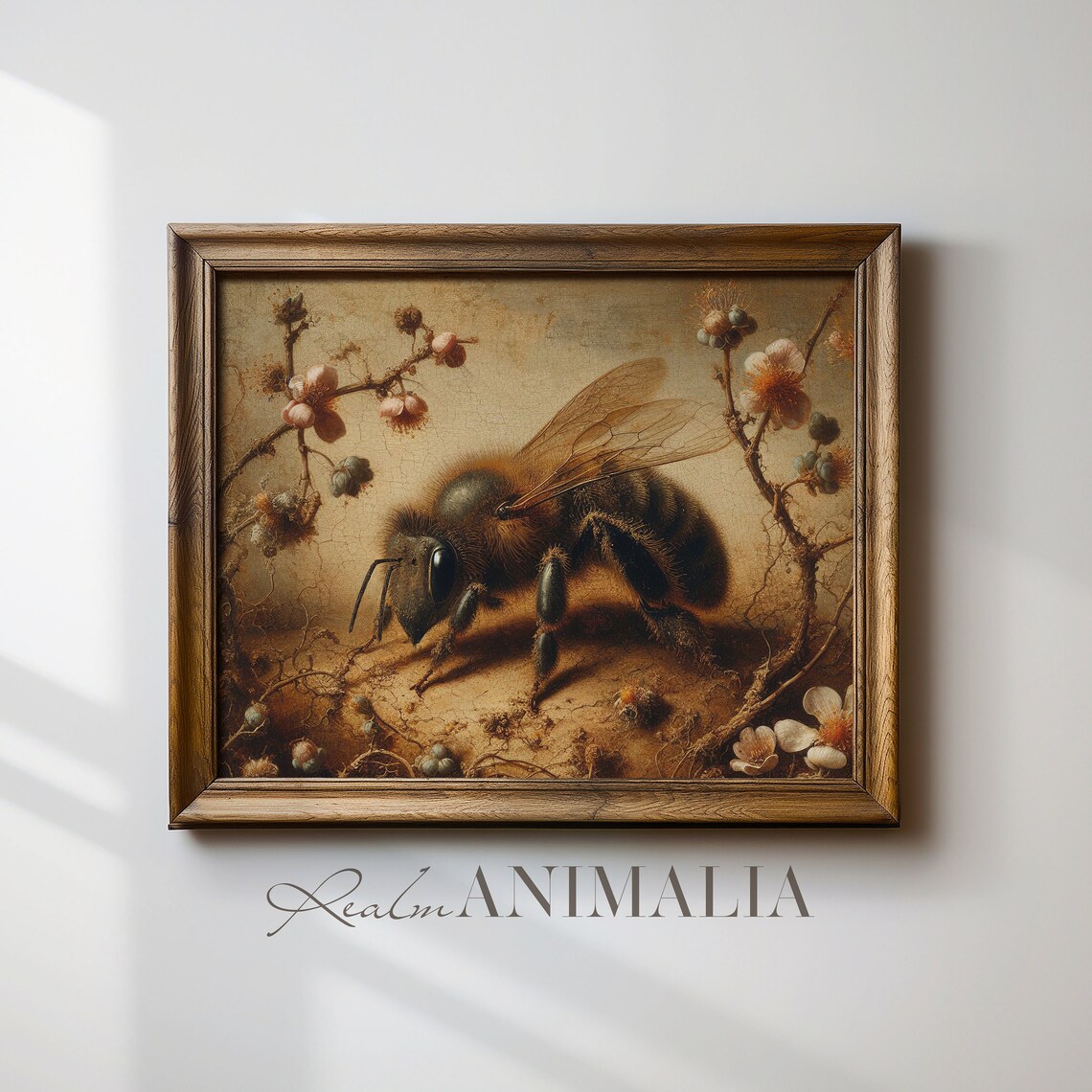 Dark Honey Bee With Blossom Branches Vintage Neutral Insect Art Print - Image 4