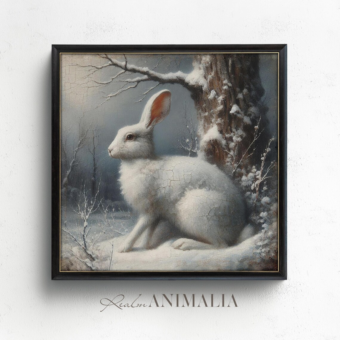 White Rabbit In Snowy Winter Woodland Vintage Wildlife Painting Poster - Image 4