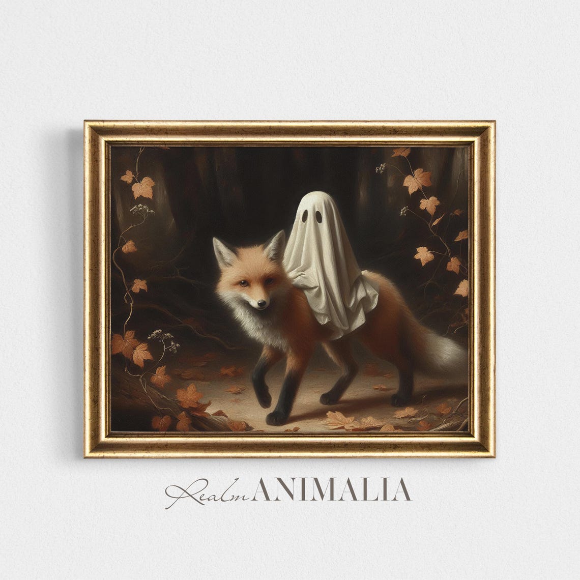 Little Ghost Riding On Fox Art Print Halloween Wall Art Whimsical Cute Ghost Painting Moody Fall Cottagecore Art Prints Gh129 - Image 2