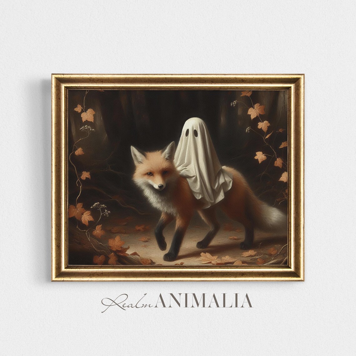 Little Ghost Riding Red Fox Autumn Leaves Dark Forest Halloween Art Poster - Image 2
