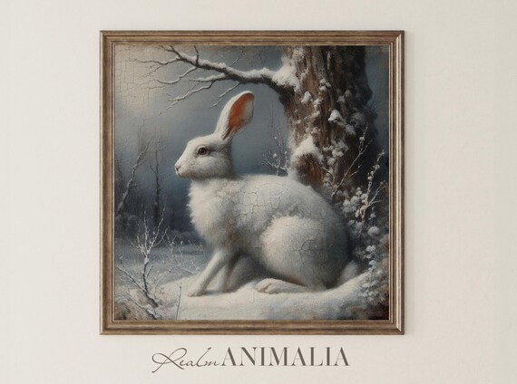 White Rabbit In Snowy Winter Woodland Vintage Wildlife Painting Poster