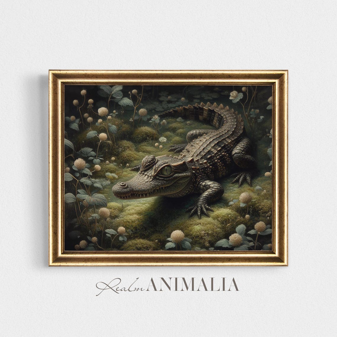 Baby Alligator In Mossy Swamp Moody Botanical Painting Poster - Image 4