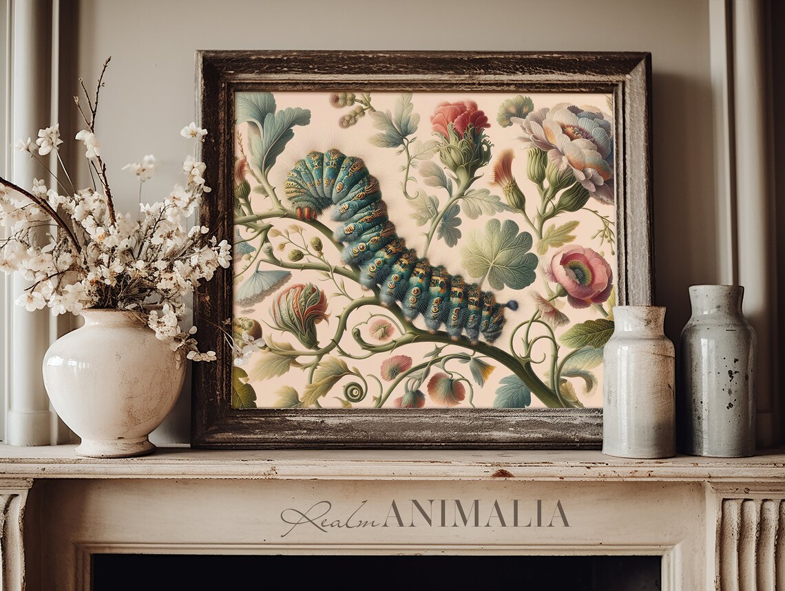 Vintage Botanical Caterpillar Art Print, Floral Insect - Image 3