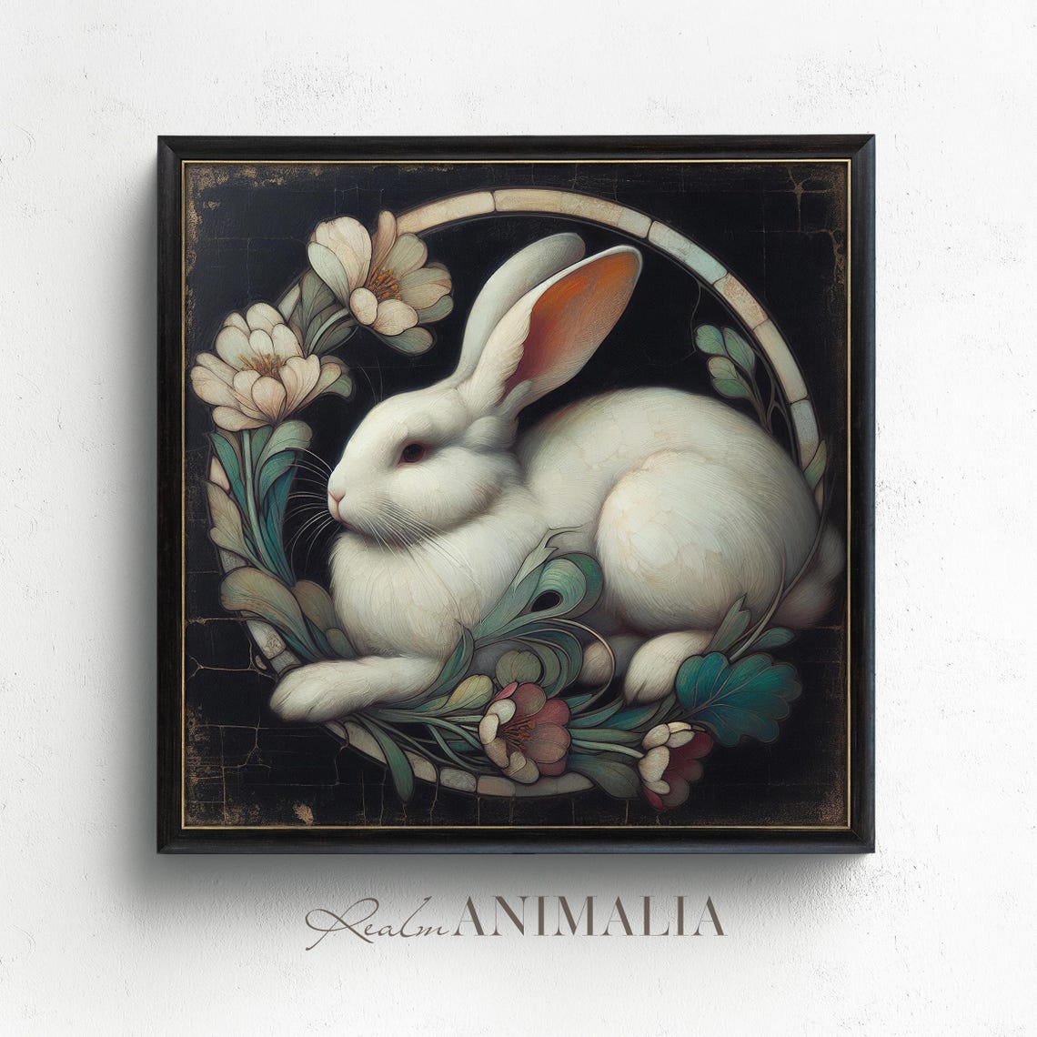 White Rabbit Curled With Flowers Art Nouveau Medallion Poster - Image 2