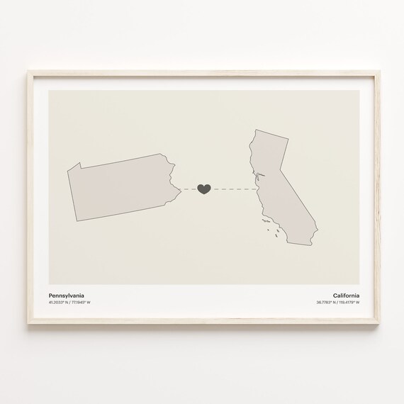 Pennsylvania To California Minimalist Map Heart Connection Poster