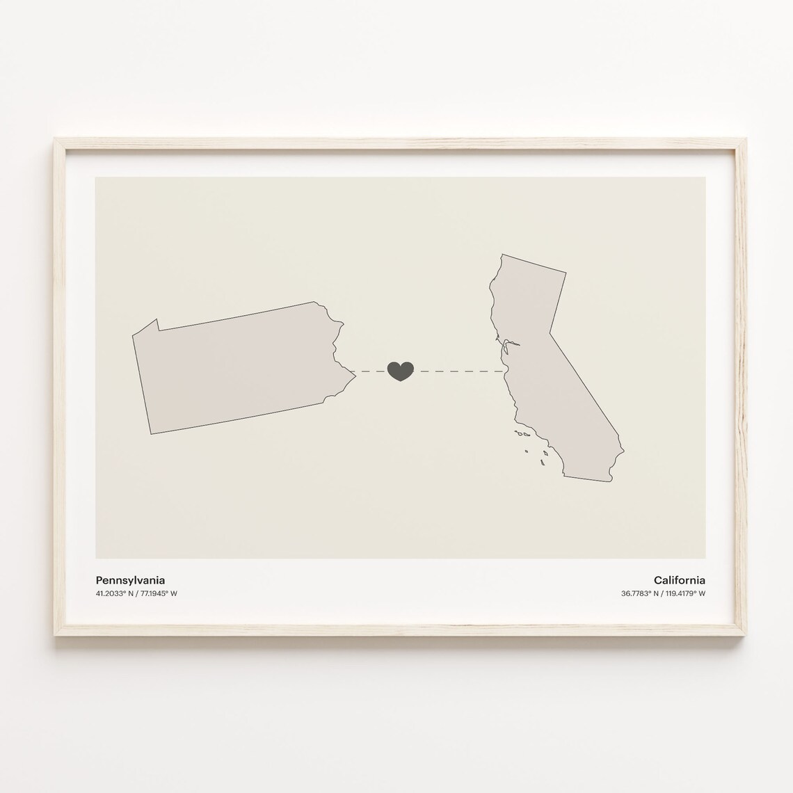 Pennsylvania To California Minimalist Map Heart Connection Poster