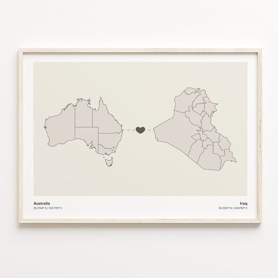 Australia to Iraq Long Distance Heart Map Connection Poster Gift