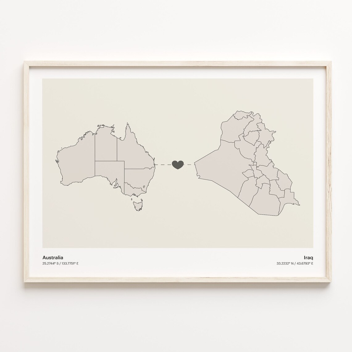 Australia to Iraq Long Distance Heart Map Connection Poster Gift