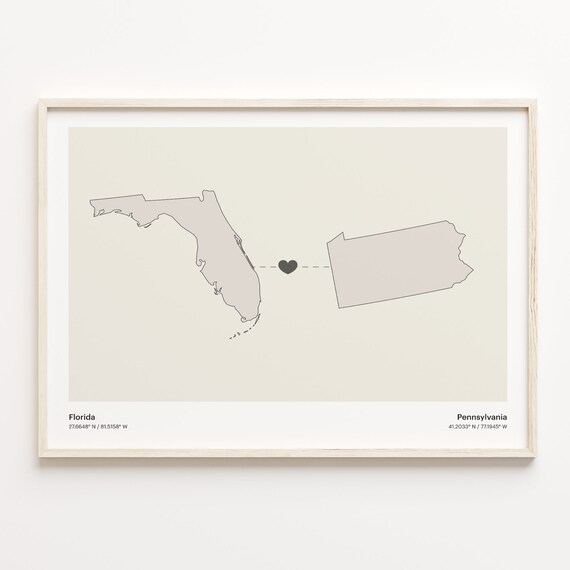 Florida Pennsylvania Minimalist Long Distance Heart Map Poster