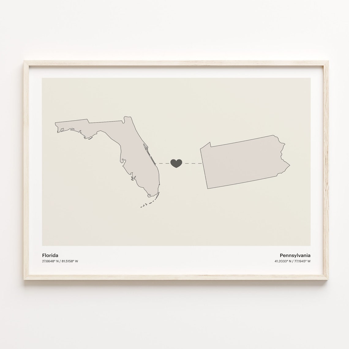 Florida Pennsylvania Minimalist Long Distance Heart Map Poster