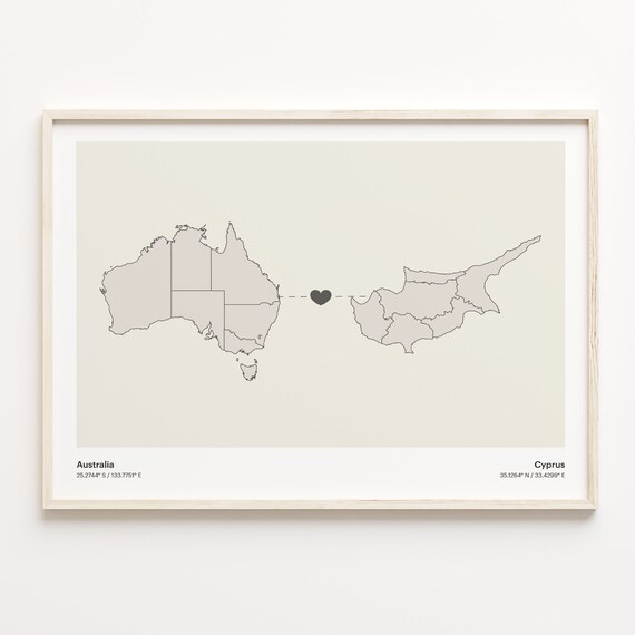 Australia To Cyprus Heart Map Minimalist Country Connection Poster