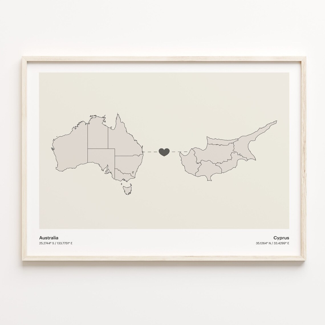 Australia To Cyprus Heart Map Minimalist Country Connection Poster