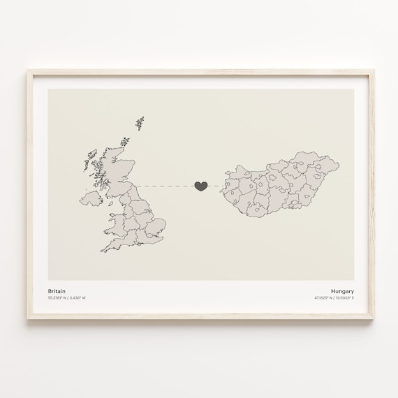 Britain Hungary Long Distance Love Heart Minimalist Map Poster