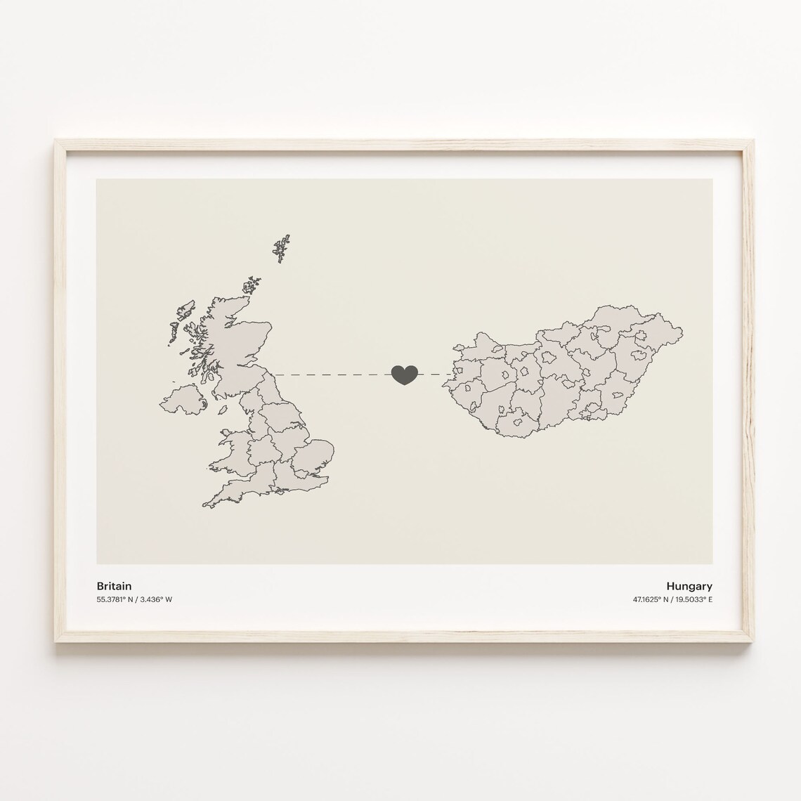 Britain Hungary Long Distance Love Heart Minimalist Map Poster