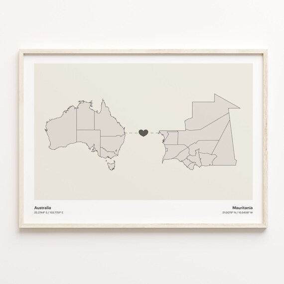 Australia Mauritania Long Distance Heart Map Minimalist Love Print