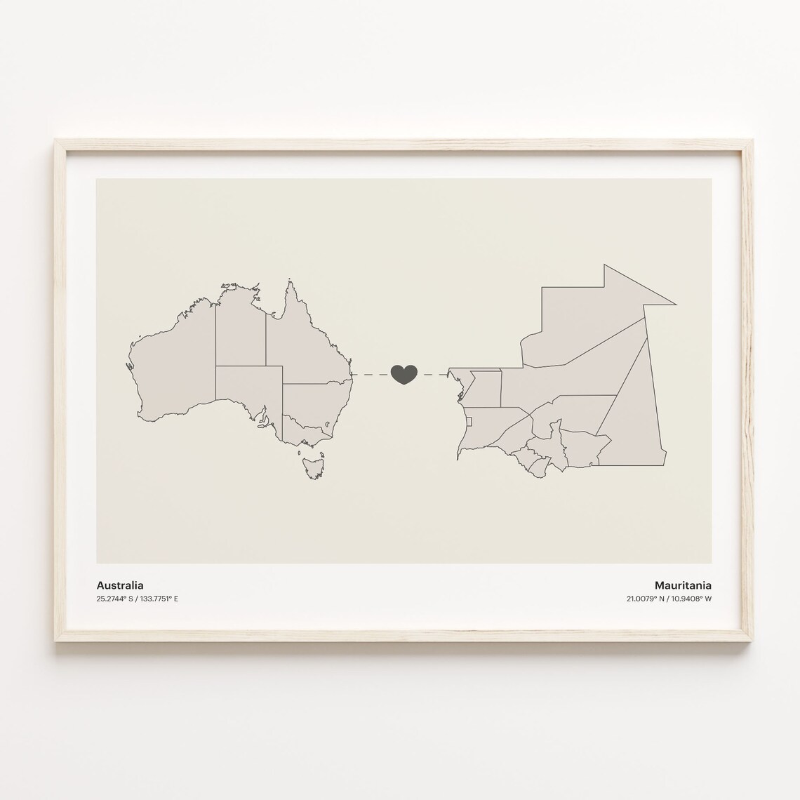 Australia Mauritania Long Distance Heart Map Minimalist Love Print